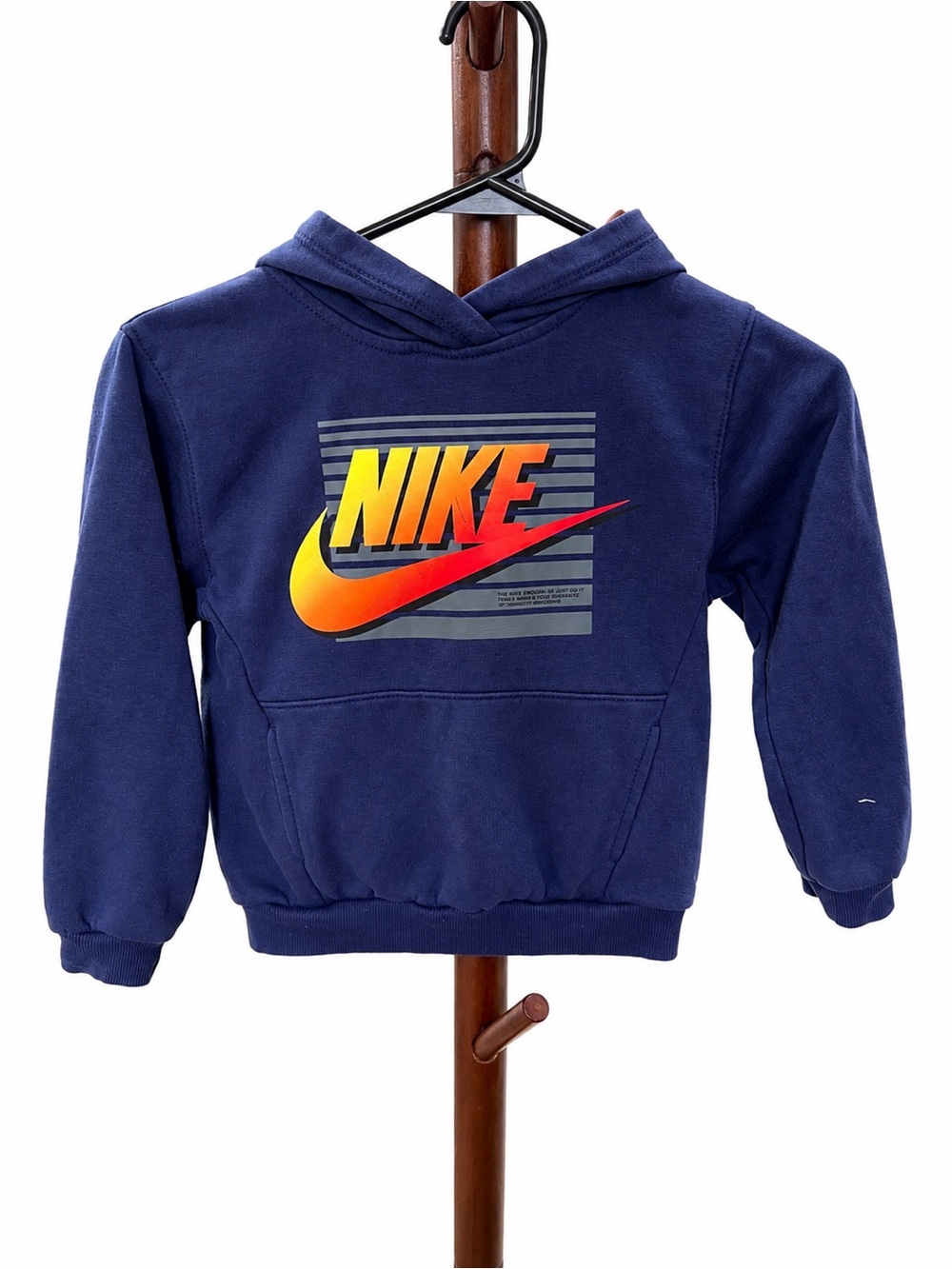 Nike Navy Pullover Hoodie with Yellow-Orange Gradient Swoosh